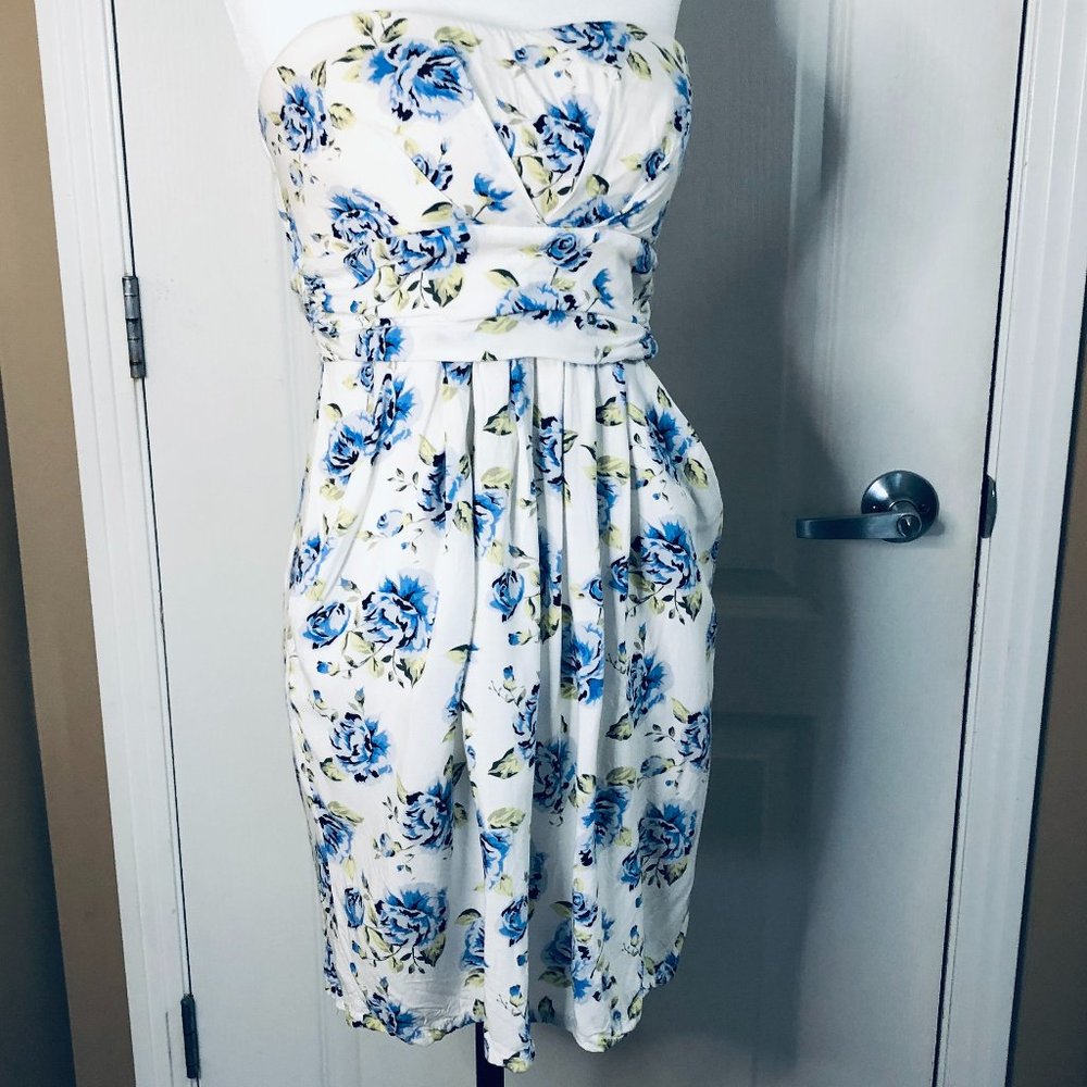 Kismet |  White w Navy & Green Strapless Summer Dress Size Large